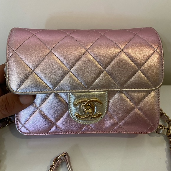 CHANEL ROSE GOLD METALLIC LAMBSKIN MINI SQUARE WITH GOLD HARDWARE Handbag - Picture 13 of 16